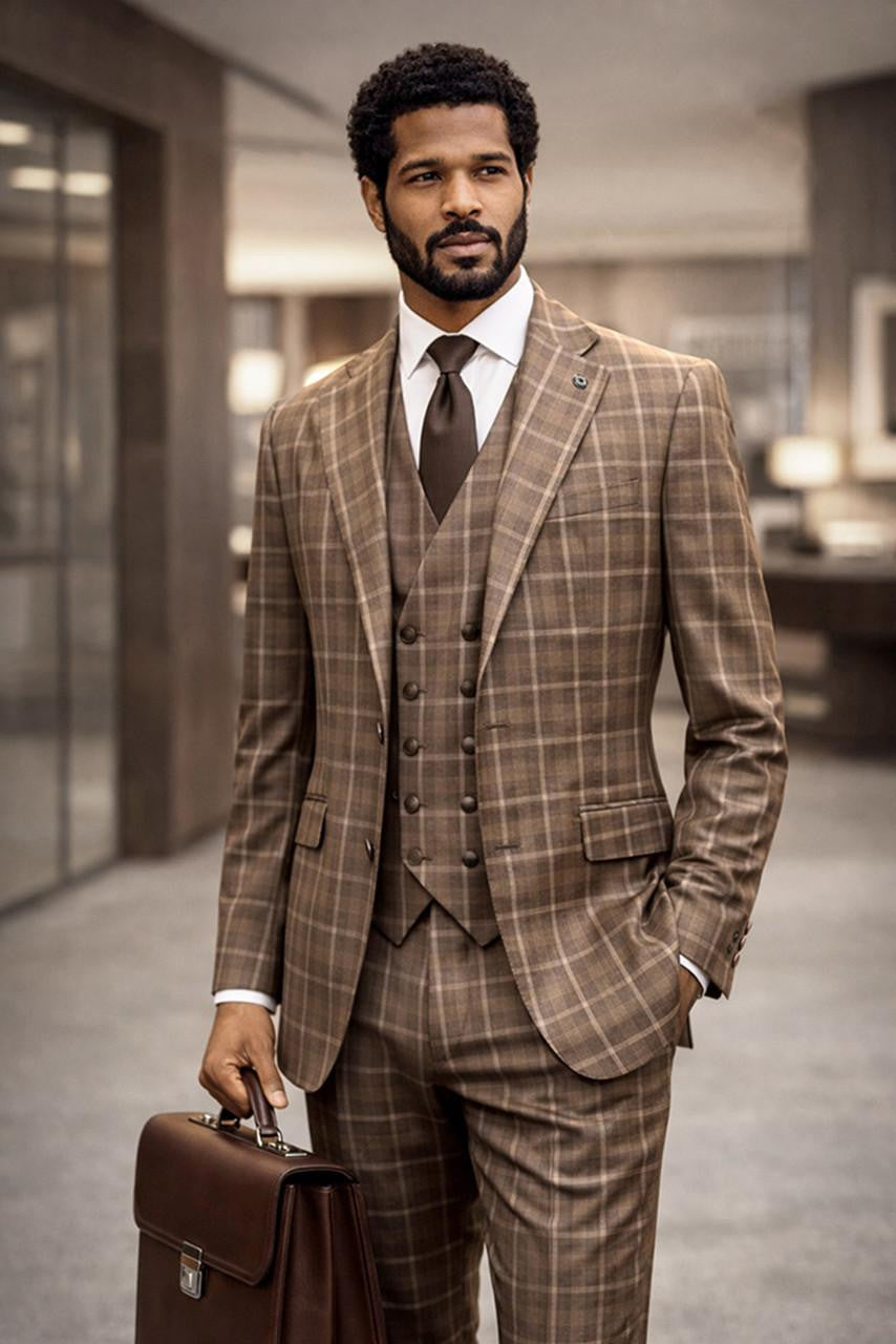 Statement Men's Plaid Tailored Fit Copper 3 Piece Designer Suit
