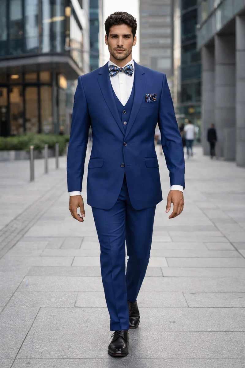 Statement Men's Solid Sapphire Blue Modern Fit 100% Wool Vested Suits