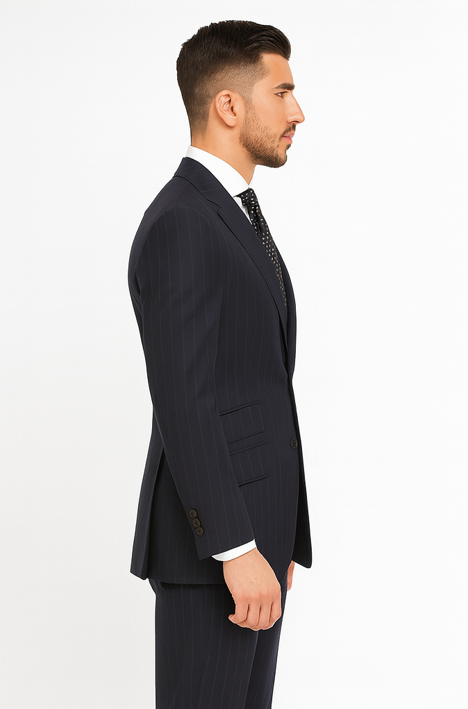 Statement Suits - Wool Suits - Peak Lapel Suits - Ticket Pocket - Modern Fit - Charcoal Stripe Suit