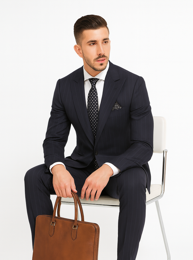 Statement Suits - Wool Suits - Peak Lapel Suits - Ticket Pocket - Modern Fit - Charcoal Stripe Suit