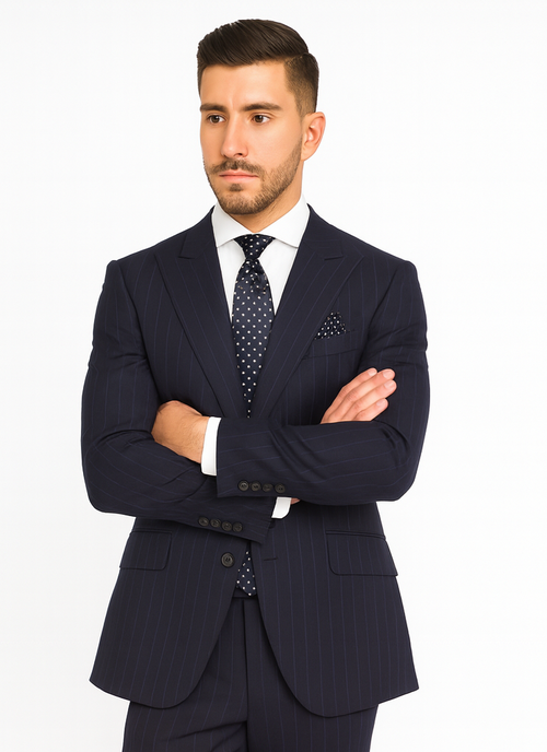 Statement Suits - Wool Suits - Peak Lapel Suits - Ticket Pocket - Modern Fit - Charcoal Stripe Suit