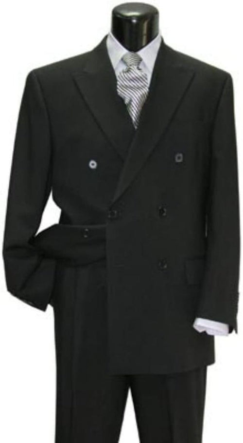 Black double-breasted men's suit, modern fit. Jacket: two rows of buttons, sleek lapels. Includes a striped dress shirt. Straight-leg pants, formal and tailored appearance.