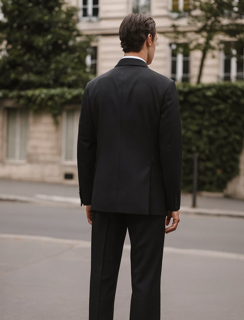 Steve Harvey men's suit: Black double-breasted jacket with a modern fit, structured shoulders, and aligned buttons. Paired with classic silhouette trousers. Smooth texture.