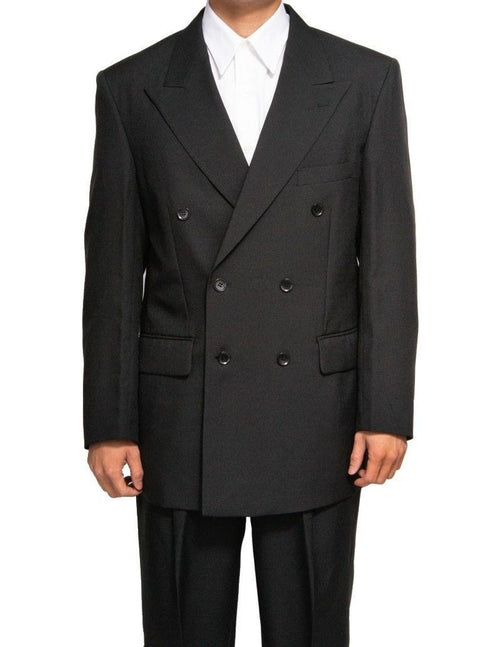 Steve Harvey men's black double-breasted suit. Modern fit, structured shape, shawl collar, smooth material, and flap pockets. Classic and stylish.