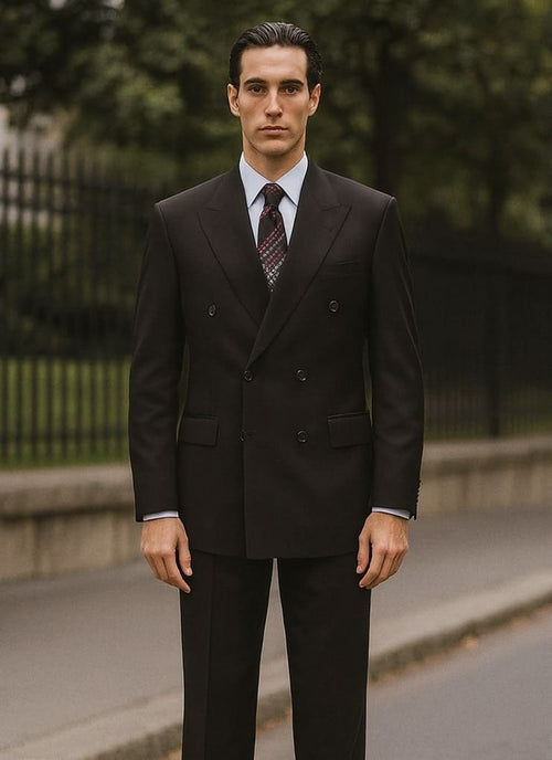 Black Steve Harvey men's suit. Double-breasted, modern fit. Includes front pockets & structured shoulders. Tailored silhouette.
