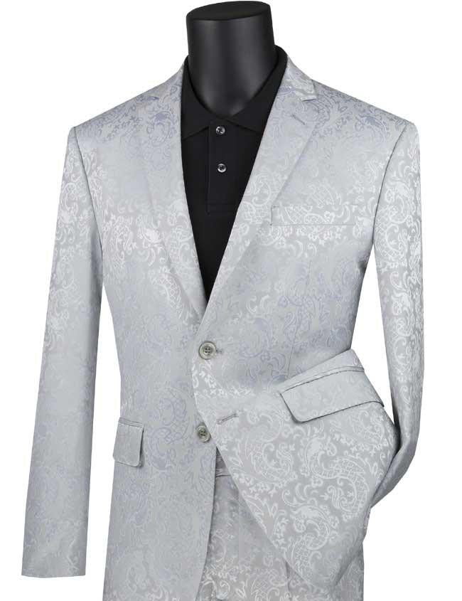 Mens Paisley Pattern Suit in Silver – Slim Fit Formal 2-Piece Set