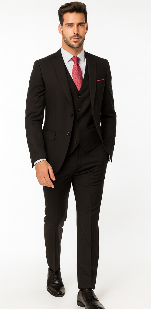 Steve Harvey Suit - Peak Lapel Modern Fit - No Pleated Pants Designer Brand Black 3 Piece Vested Suit