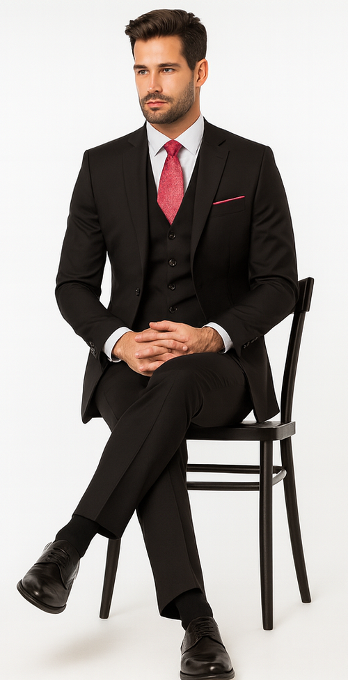 Steve Harvey Suit - Peak Lapel Modern Fit - No Pleated Pants Designer Brand Black 3 Piece Vested Suit