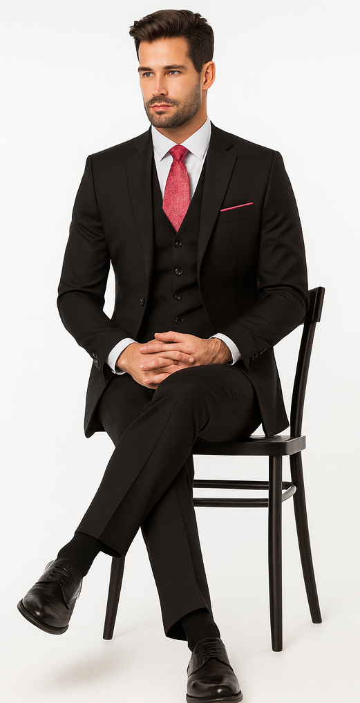 Steve Harvey Suit - Peak Lapel Modern Fit - No Pleated Pants Designer Brand Black 3 Piece Vested Suit