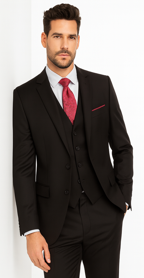 Steve Harvey Suit - Peak Lapel Modern Fit - No Pleated Pants Designer Brand Black 3 Piece Vested Suit