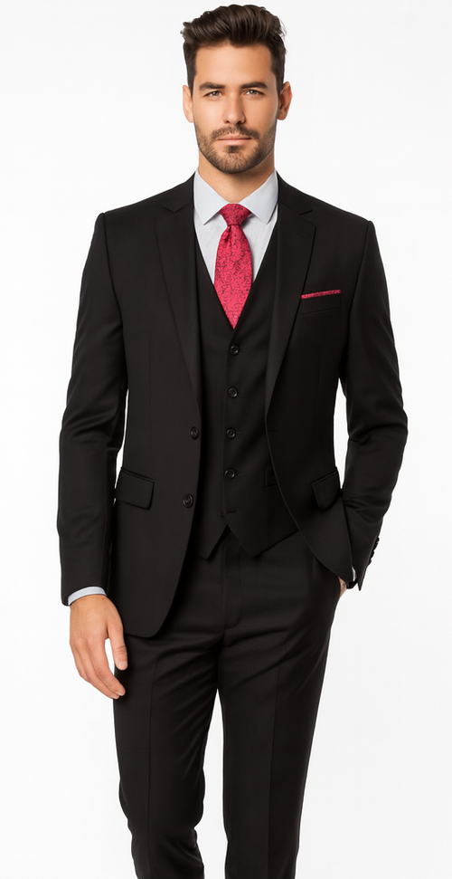 Steve Harvey Suit - Peak Lapel Modern Fit - No Pleated Pants Designer Brand Black 3 Piece Vested Suit