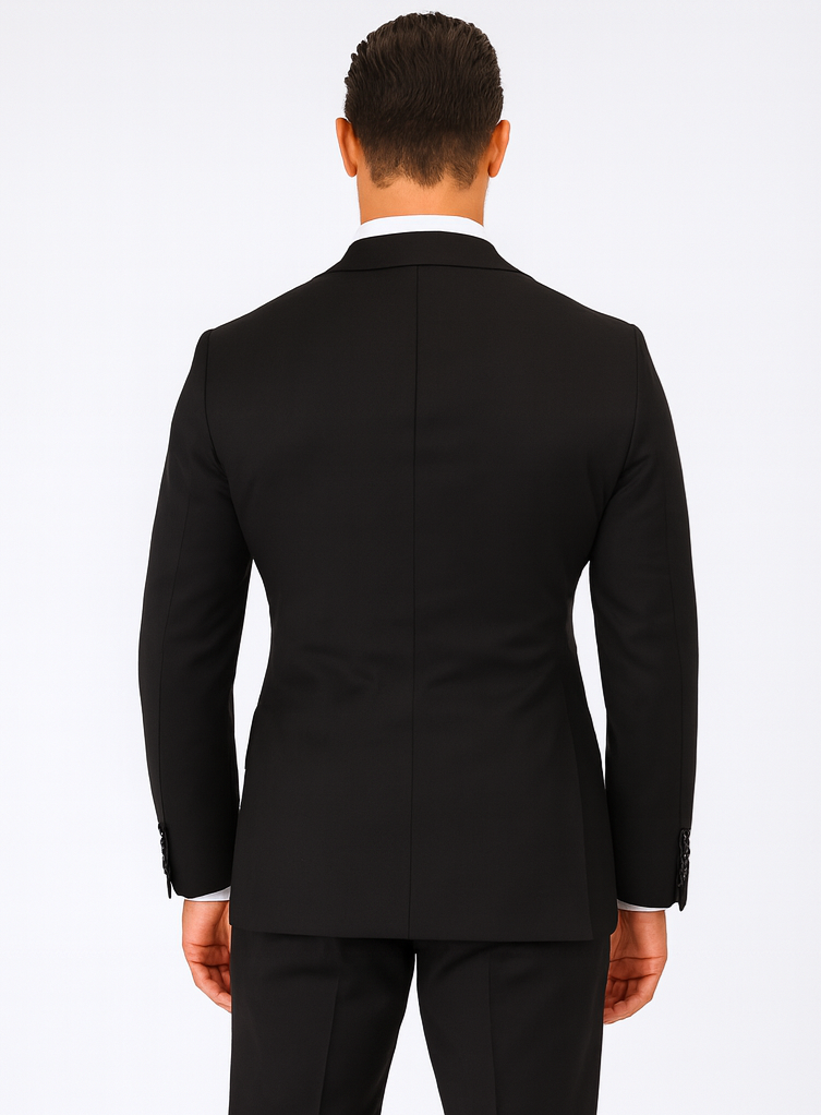 Steve Harvey Suit - Peak Lapel Modern Fit - No Pleated Pants Designer Brand Black Peak Lapel 3 Piece Vested Suit