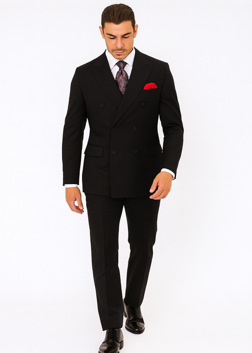 Steve Harvey Suit - Peak Lapel Modern Fit - No Pleated Pants Designer Brand Black Peak Lapel 3 Piece Vested Suit