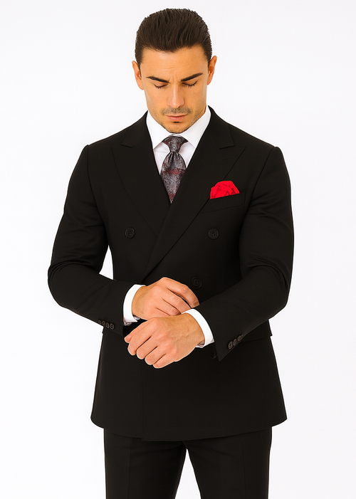 Steve Harvey Suit - Peak Lapel Modern Fit - No Pleated Pants Designer Brand Black Peak Lapel 3 Piece Vested Suit