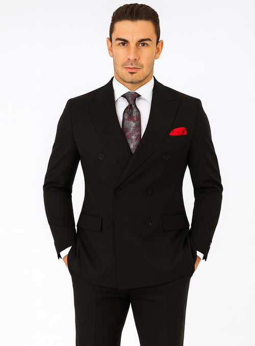 Steve Harvey Suit - Peak Lapel Modern Fit - No Pleated Pants Designer Brand Black Peak Lapel 3 Piece Vested Suit