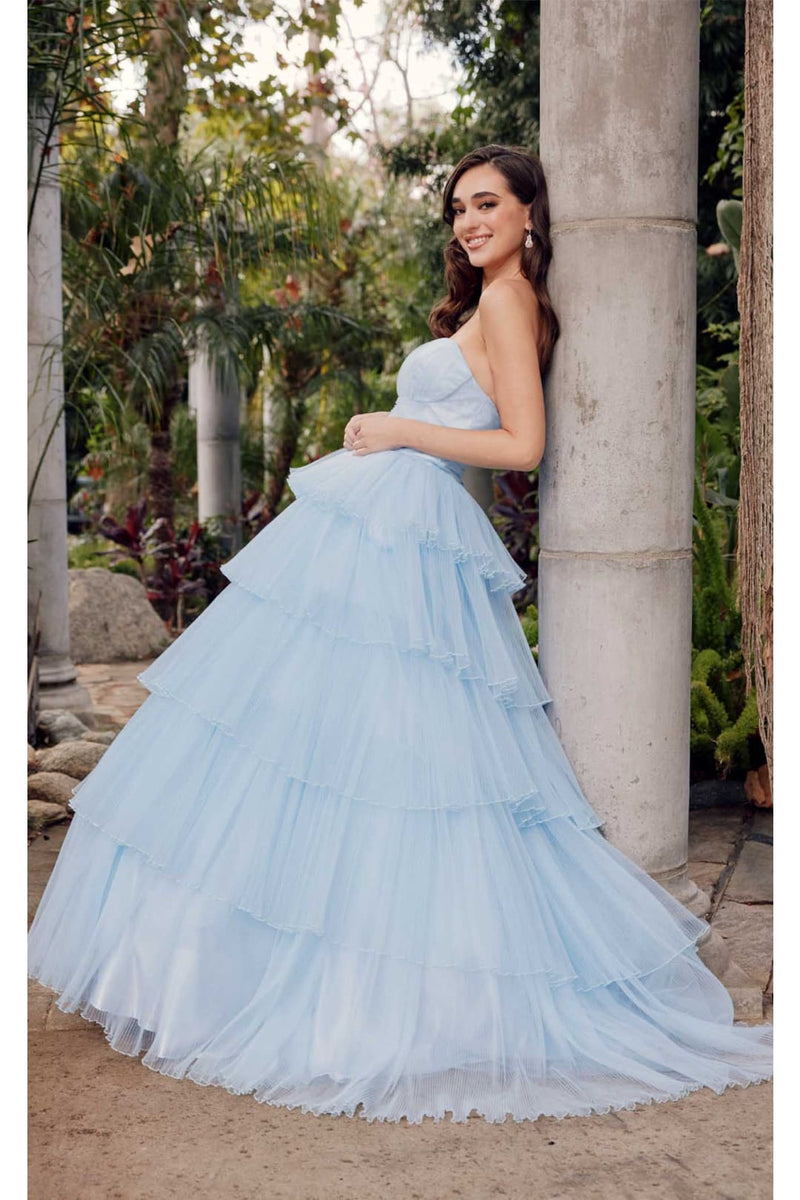 Strapless Tiered Ruffled A-Line Gown by Juliet JT2452K