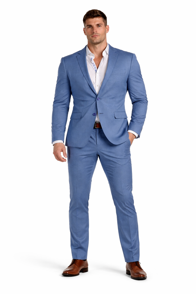 Stretch Fabric Suits - Slim Fit Suit in Color MBlue - Giovanni Testi 2 button stretch Medium Blue Travel Suit GTRVL2N-01 M.BLUE