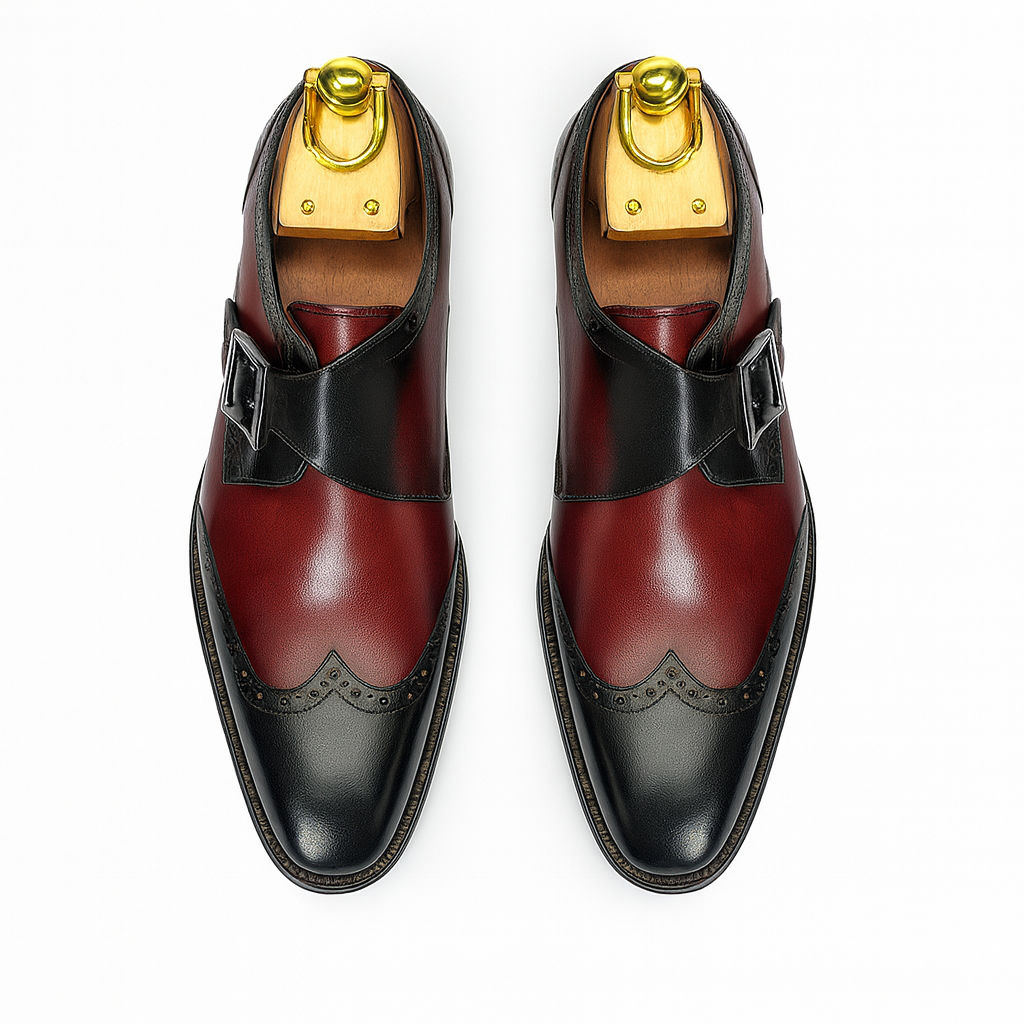 Mens Leather Wingtip Monk Strap Dress Shoe in Brown & Navy