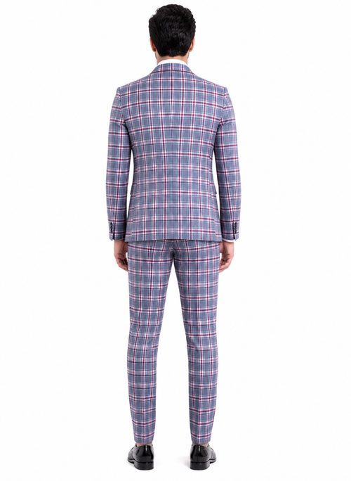 Stylish Grey and Red Checkered Suit for Men – Slim Fit 3 Piece Formal Outfit