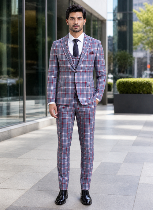 Stylish Grey and Red Checkered Suit for Men – Slim Fit 3 Piece Formal Outfit
