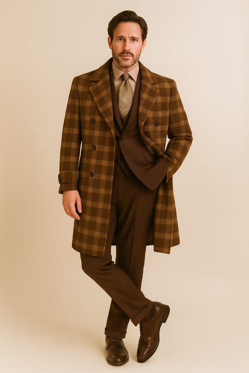 "Men's Double Breasted Wool Overcoat - Full Length, Belted, Brown Windowpane"