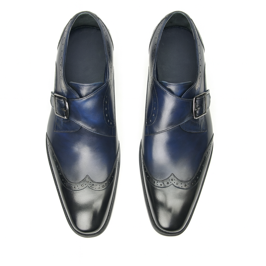 Mens Leather Wingtip Monk Strap Dress Shoe in Brown & Navy