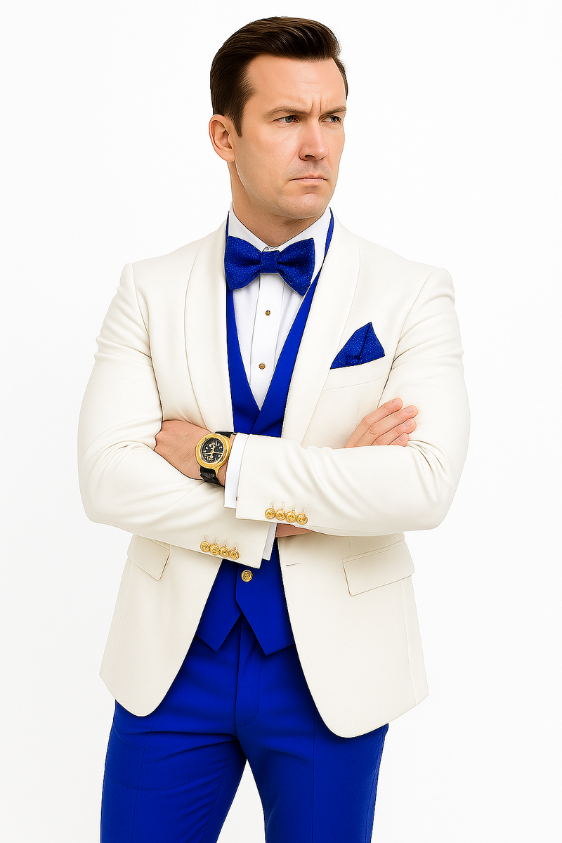 White and Royal Blue Wedding Suit – White Dinner Jacket, Vest, Pants & Bow Tie
