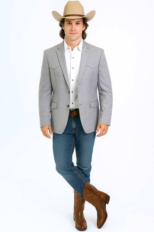 Grey men's Western blazer with subtle plaid, double-button front. Features two pockets and a tailored fit with notched lapel. Lightweight fabric.
