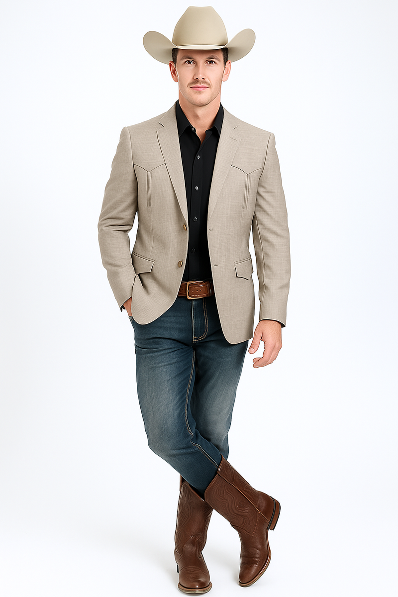 Men's taupe western blazer. Double-button, tailored fit with structured shape. Textured fabric, two front pockets, and visible stitching.