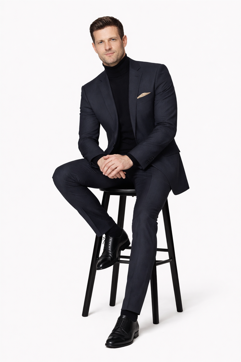 Suit And Turtleneck Combo - Turtleneck Prom Outfits - Prom Turtleneck Black Suit