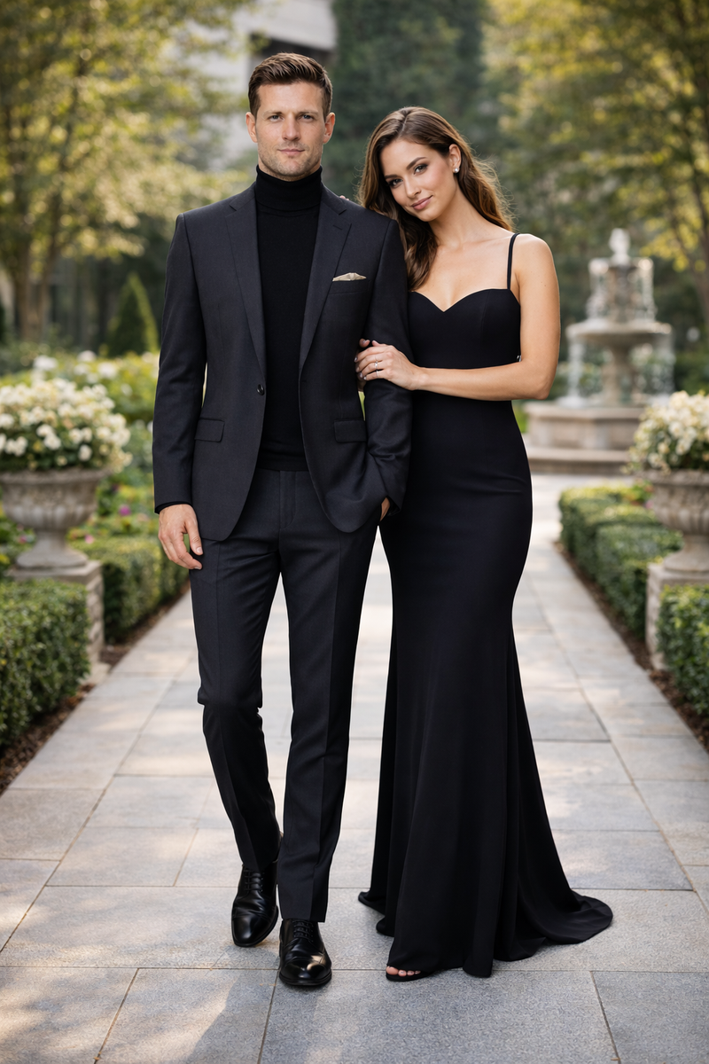 Suit And Turtleneck Combo - Turtleneck Prom Outfits - Prom Turtleneck Black Suit