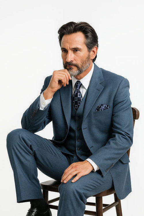 Men’s Saphire Steel Blue 3-Button – Formal Business Attire Three Button Style Classic Fit Pleated Pants in Indigo Coablt Blue Color