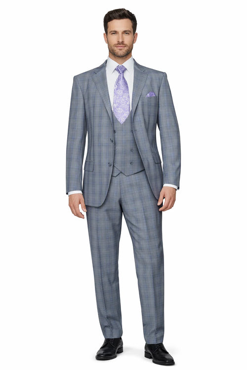 Mens Gray Plaid Suit Modern Fit Plaid Windowpane Suit With Double Breasted Scoop Vest In Grey