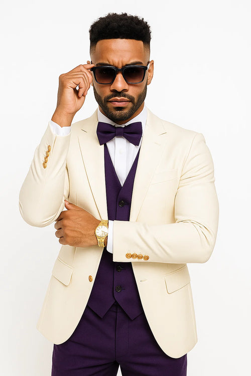 White and Purple Tuxedo Wedding Suit - White Dinner Jacket + Vest + Pants + Bow-tie