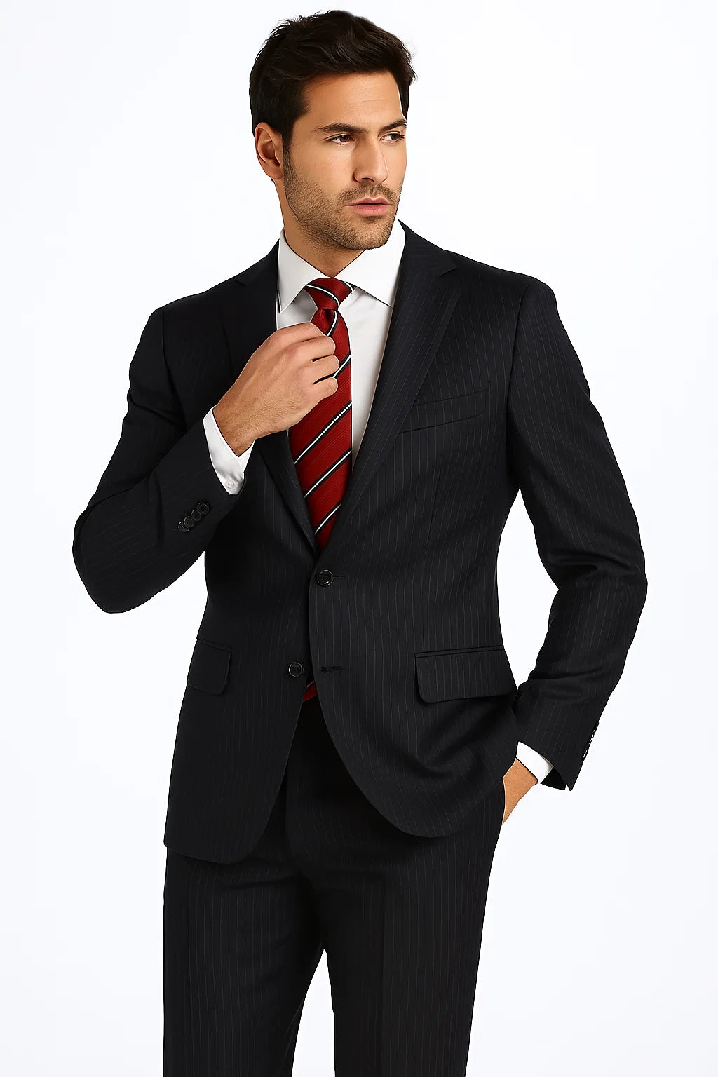 High-Quality Construction 2 Button Dark Navy Blue Suit For Men MiniStripe Ultimate Tayloring&Wool