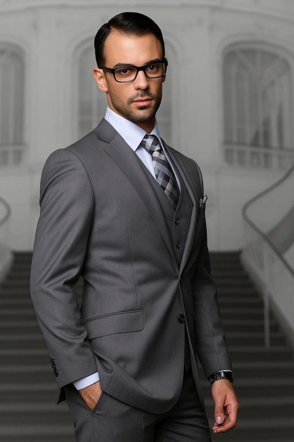 Mens Vested Slim Fit Wool Feel Suit in Medium Grey