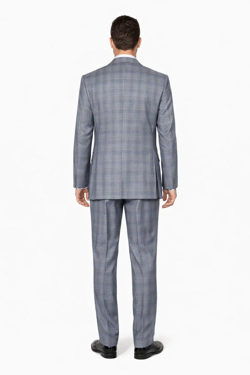 Mens Gray Plaid Suit Modern Fit Plaid Windowpane Suit With Double Breasted Scoop Vest In Grey