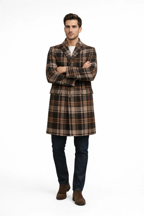 Mens Plaid Wool Overcoat – Khaki and Brown and Cream Check Pattern Winter Coat