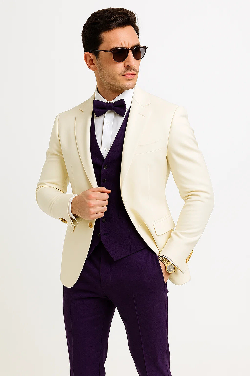 White and Purple Tuxedo Wedding Suit - White Dinner Jacket + Vest + Pants + Bow-tie