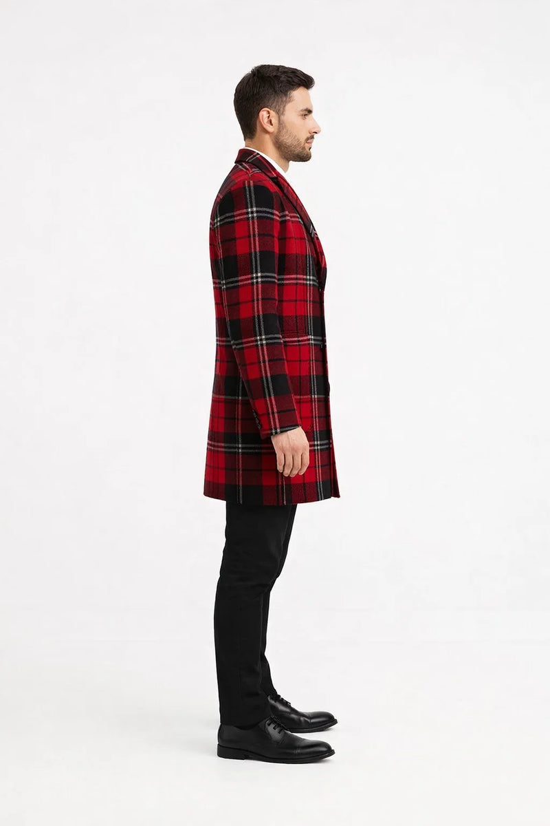 Mens Red and Black Plaid Wool Overcoat with Notch Lapel