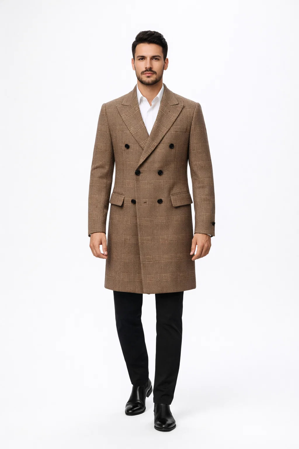Mens Gray and Light Brown Glen Plaid Wool Overcoat Double-Breasted