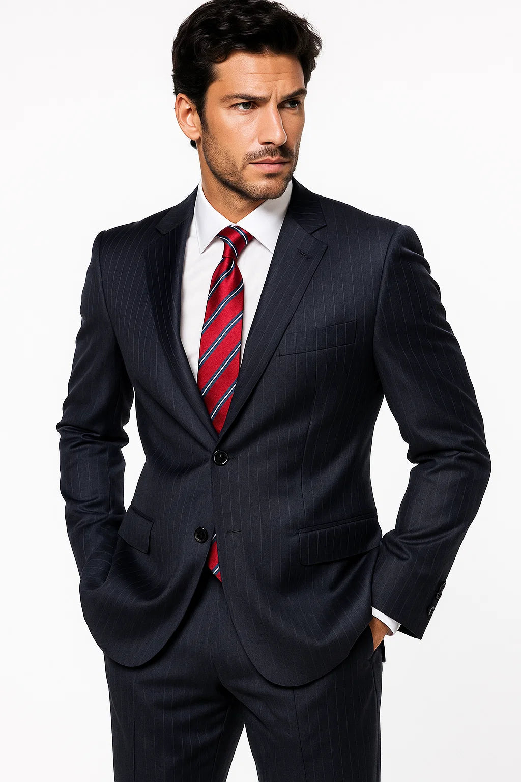 High-Quality Construction 2 Button Dark Navy Blue Suit For Men MiniStripe Ultimate Tayloring&Wool