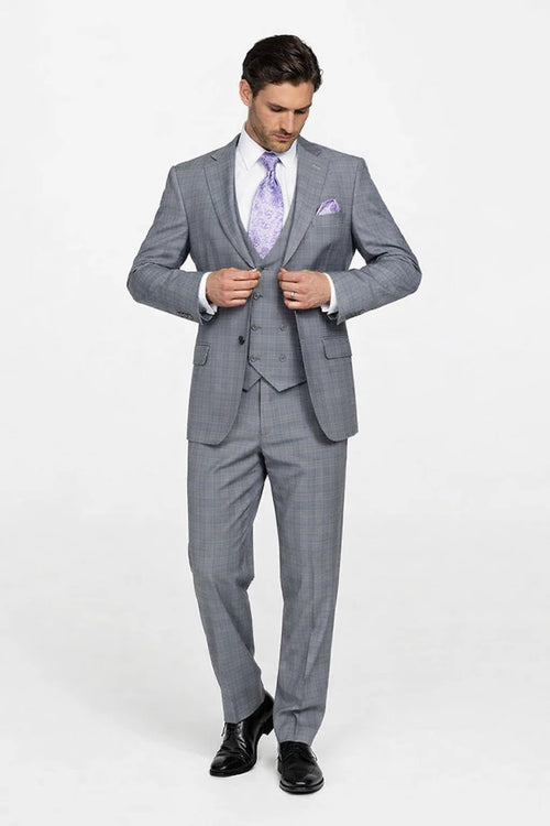 Mens Gray Plaid Suit Modern Fit Plaid Windowpane Suit With Double Breasted Scoop Vest In Grey