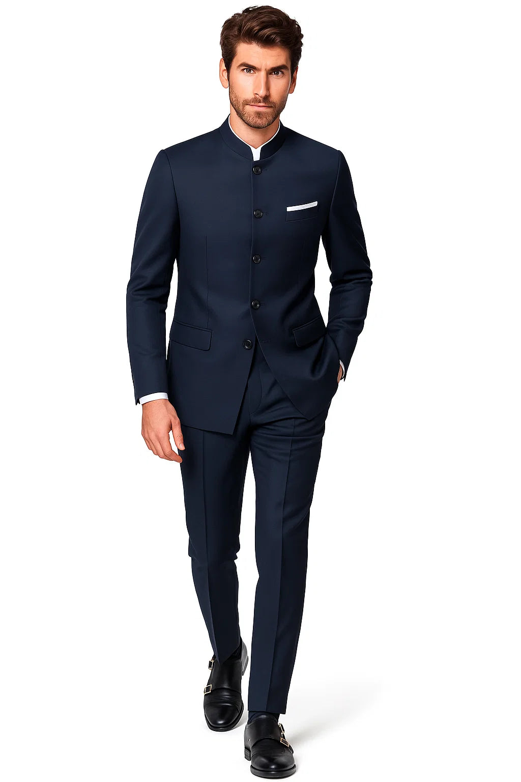 4 Button Banded Collar Suit One Chest Pocket Two Flap Front Pockets Color: Navy Blue
