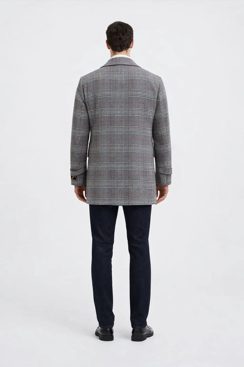 Mens Double-Breasted Houndstooth Plaid Overcoat in Black, White, and Red