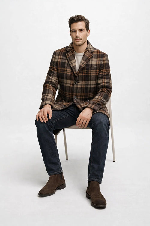 Mens Plaid Wool Overcoat – Khaki and Brown and Cream Check Pattern Winter Coat