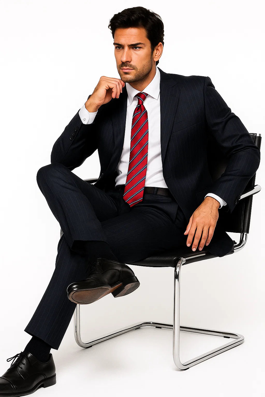 High-Quality Construction 2 Button Dark Navy Blue Suit For Men MiniStripe Ultimate Tayloring&Wool