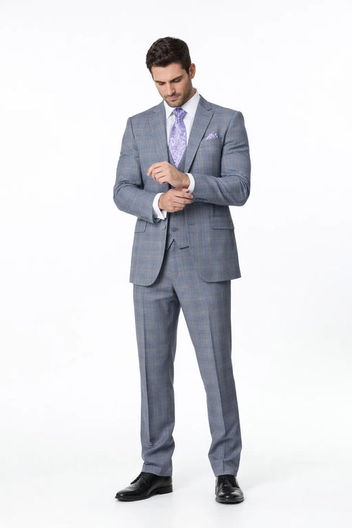 Mens Gray Plaid Suit Modern Fit Plaid Windowpane Suit With Double Breasted Scoop Vest In Grey