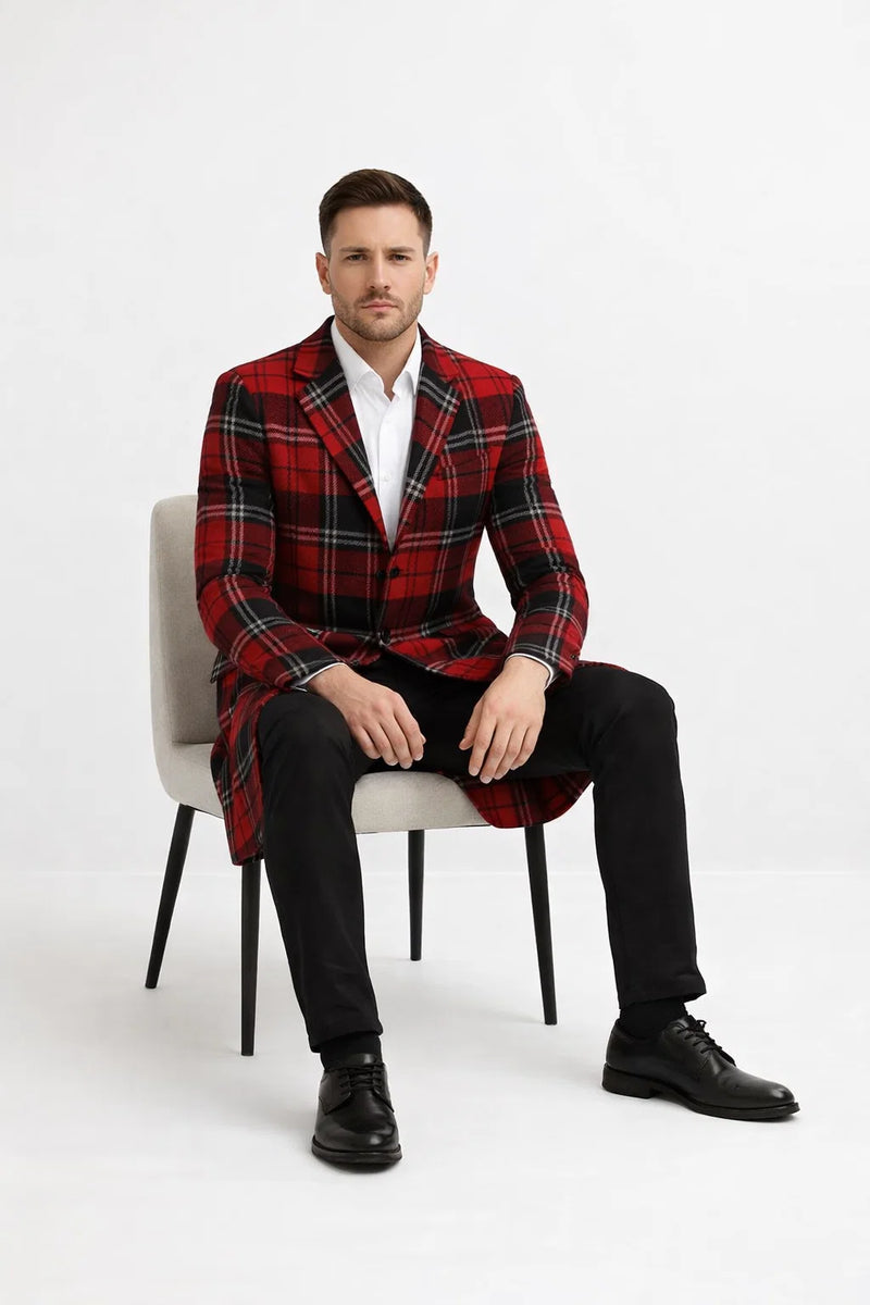 Mens Red and Black Plaid Wool Overcoat with Notch Lapel