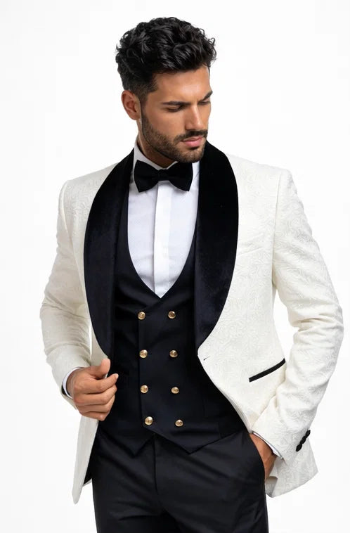 Wedding Tuxedo Premium Paisley Black Velvet 4pc Suit W/ Matching Bowtie